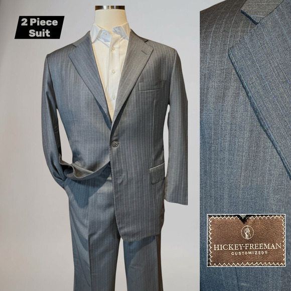 Hickey Freeman Other - Hickey Freeman Customized 44R 38x27 Gray Ice Blue Multi-Stripe Suit 3/2 Roll